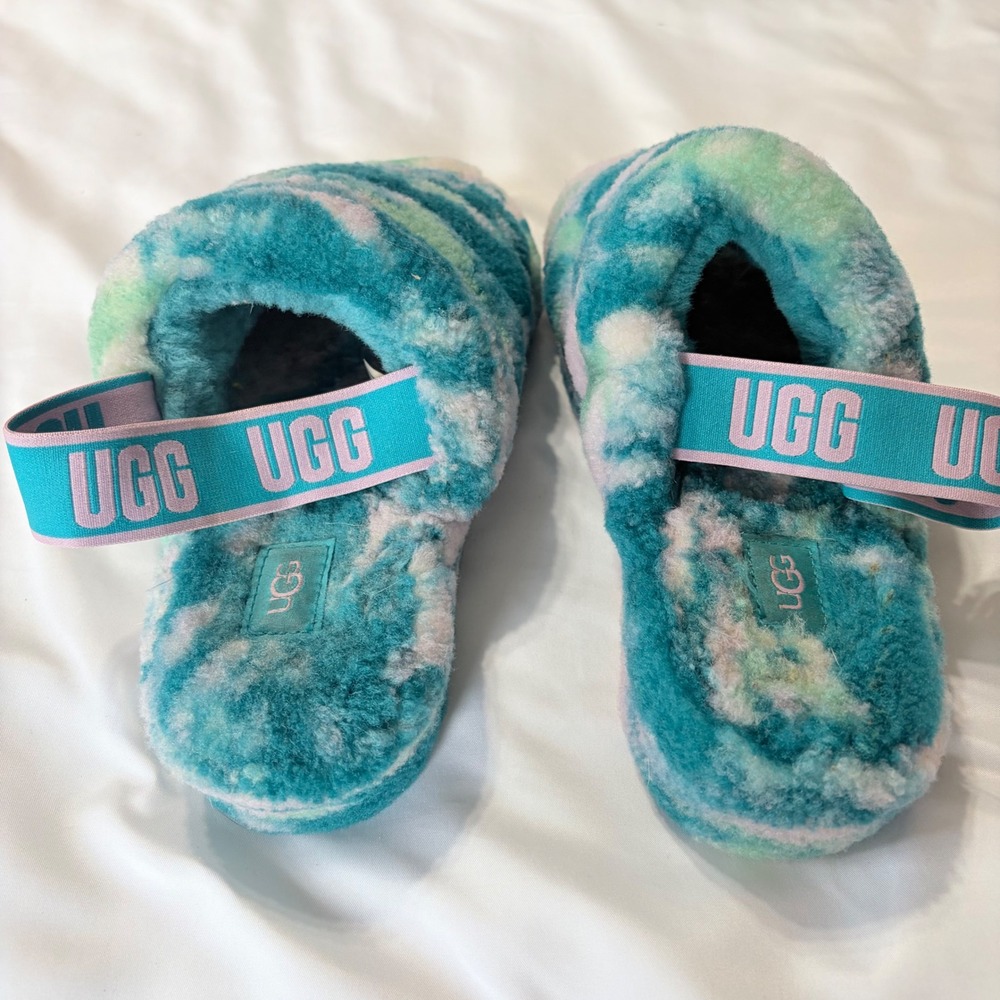 UGG Fluffita Rock Rose Tie Dye Sheepskin Platform Slide Slippers Teal Womens 9
